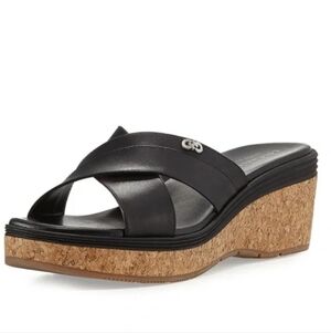 Cole Haan Grand.OS Black Leather Cork Wedge Sandals Slide 7B Comfort